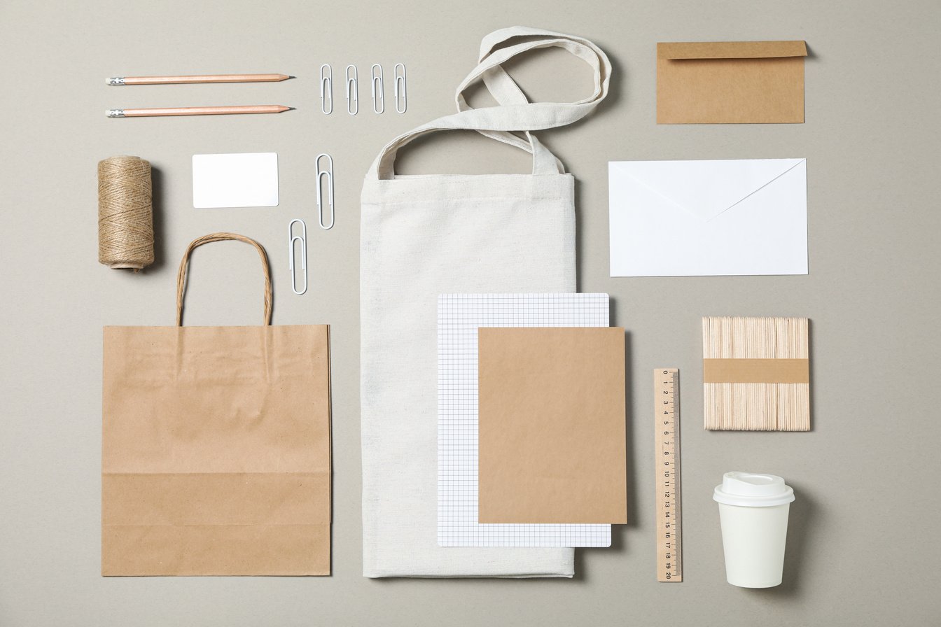 Mockup. Corporate Stationery with Paper and Tote Bag on Grey Bac